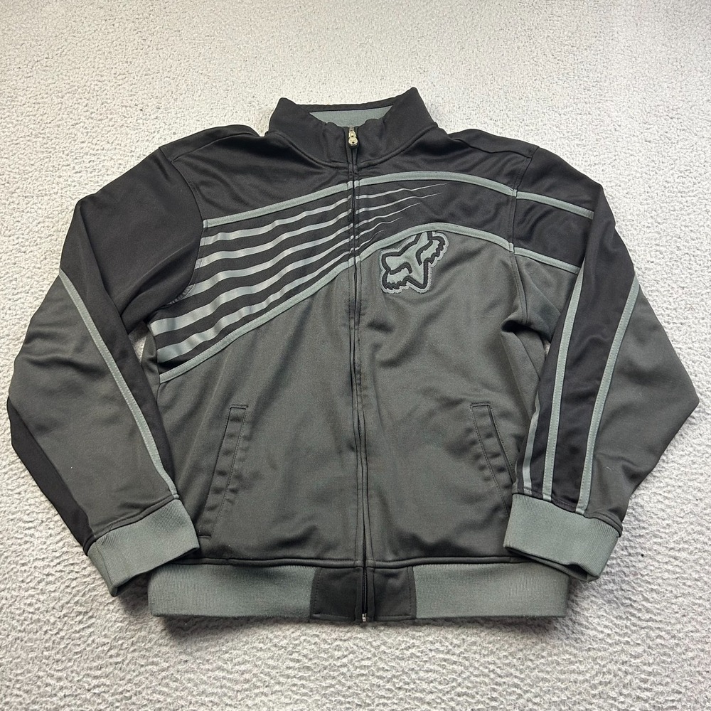 Fox Racing Track Jacket Mens XL Black Gray Full Zip Moto Streetwear Asthetic
